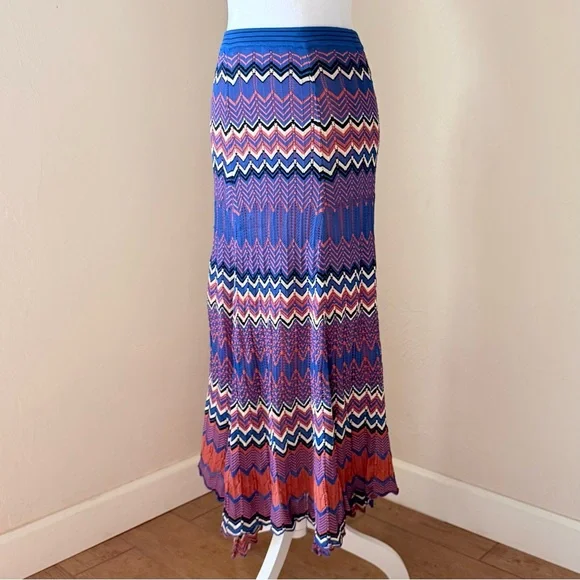 Sandro Paris Pointelle Chevron Zig Zag Knit Midi Skirt in Blue & Rust 2 US 6 - Picture 2 of 14